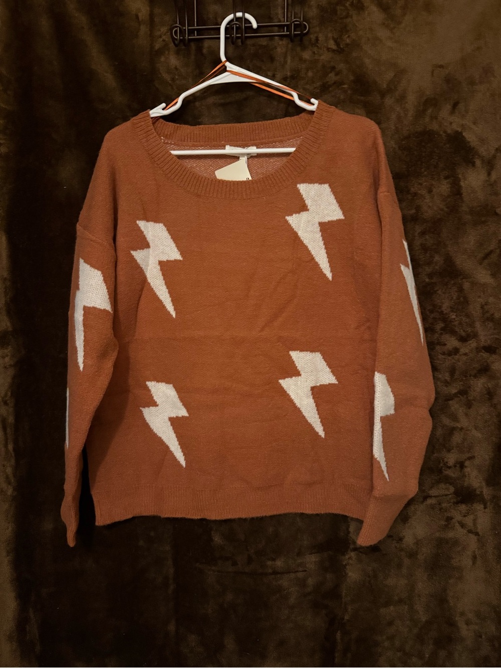 Miracle Rust Crewneck Sweater with Cream Lightning Bolts